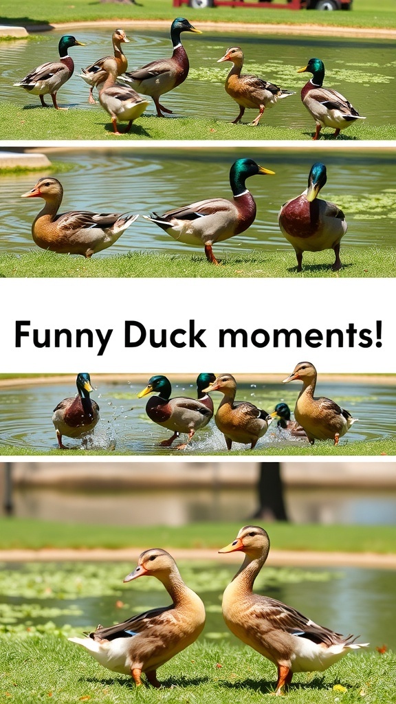 A collage of humorous duck antics in a sunny park.